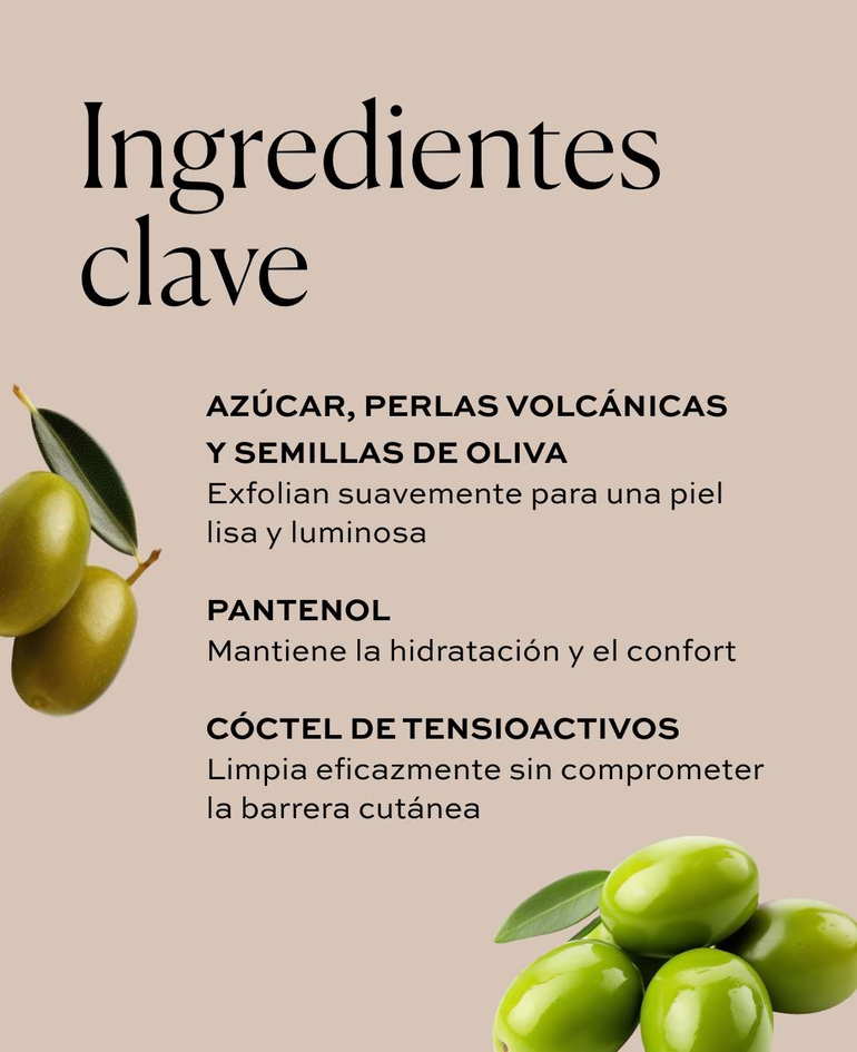 Az&uacute;car, perlas volc&aacute;nicas y semillas de oliva Exfolian suavemente para una piel lisa y luminosa  Pantenol Mantiene la hidrataci&oacute;n y el confort  C&oacute;ctel de tensioactivos