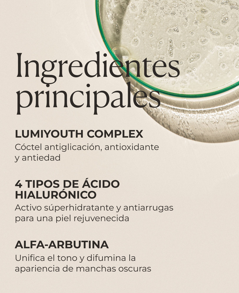 Ingredientes clave: Lumiyouth Complex, 4 tipos de &aacute;cido hialur&oacute;nico y alfa-arbutina