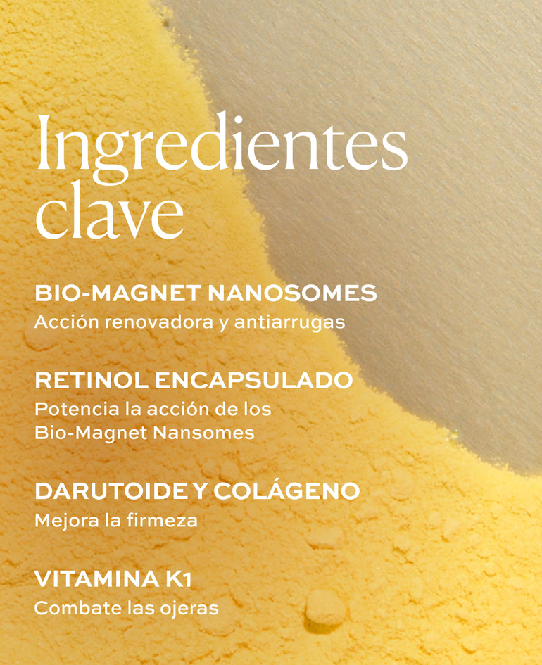 Ingredientes clave: Bio-Magnet Nanosomes Acci&oacute;n renovadora y antiarrugas  C-Niche Protector Peptide Reduce los signos de envejecimiento  Telomeryl Shield Mejora la flexibilidad   Progerin Reducer Complex Combate la falta de firmeza